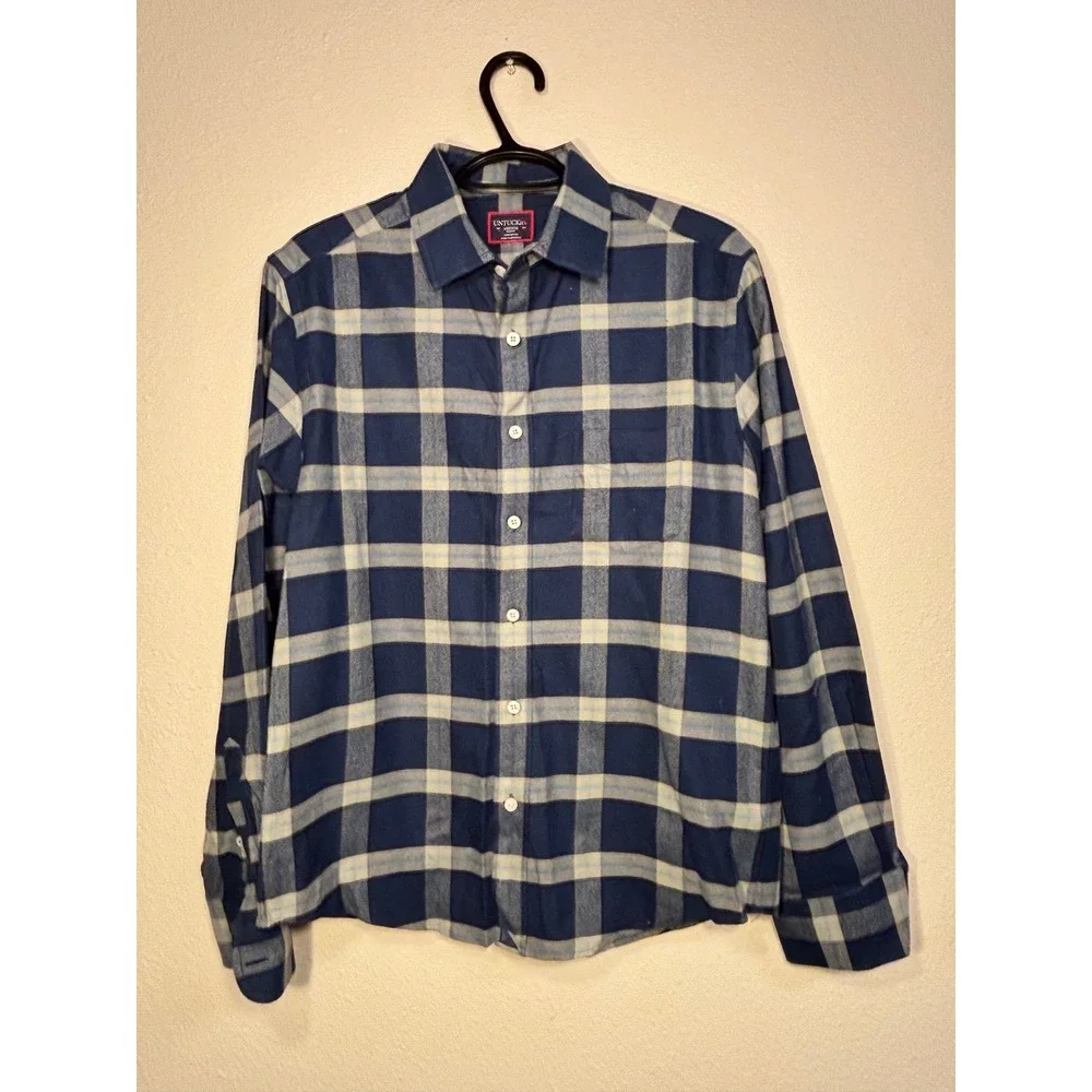 UNTUCKit Mens Slim Fit Plaid Button Down Shirt Blue White Cotton Medium 0211 - Picture 1 of 4